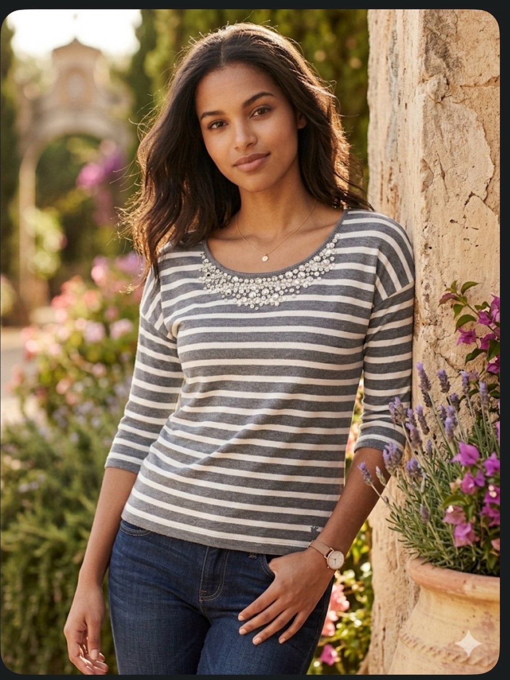 NWT Abercrombie & Fitch Grey & White Striped Crystal Embellished Top XS